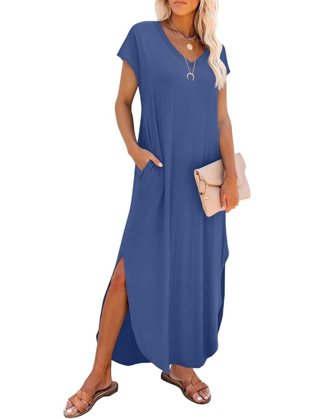 Women Dusty Blue Pull Over V-Neck Cap Sleeve Casual Long Maxi Sundress W/ Pocket